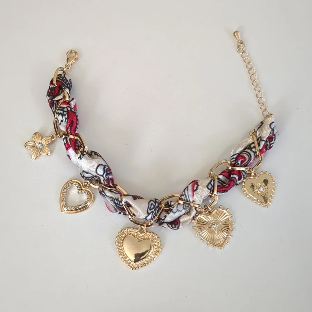 Heart Charm Braided Fabric Chain Bracelet
